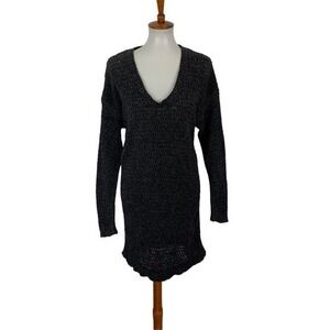 Theory Wool Blend Black Gray Chunky Knit Sweater Dress V Neck Long Sleeve Medium